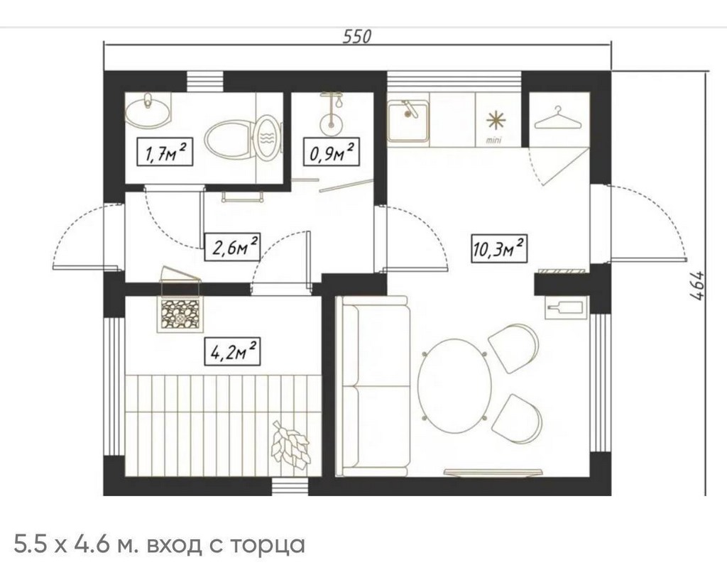 План бани 5.5х4.6 м с парной, комнатой отдыха, санузлом и душем